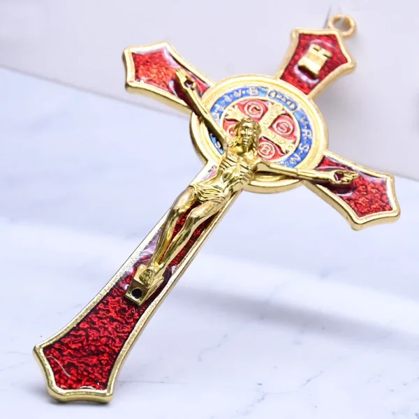 Catholic Crucifix Big Cross Pendant Metal Crafts for Home Wall Decor Engraved Angel Theme Living Room Hanging Ornaments 