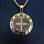 Wholesale Zinc Alloy St Benedict Exorcism Medal Pendant Necklace Vintage Hip Hop Round Charm Sweater Chain Religious Jewelry - Image 2