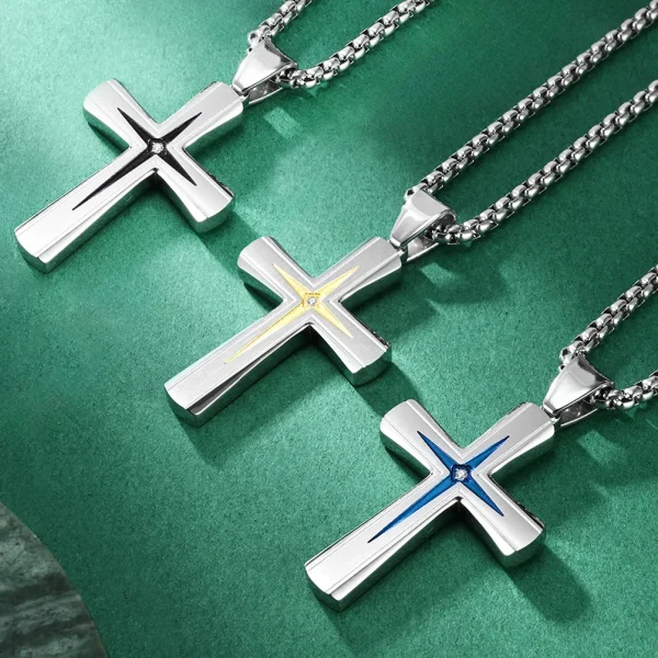 Wholesale Stainless Steel Lightning Cross Pendant Necklace Men Punk Vintage Two Tone Jewelry Gift